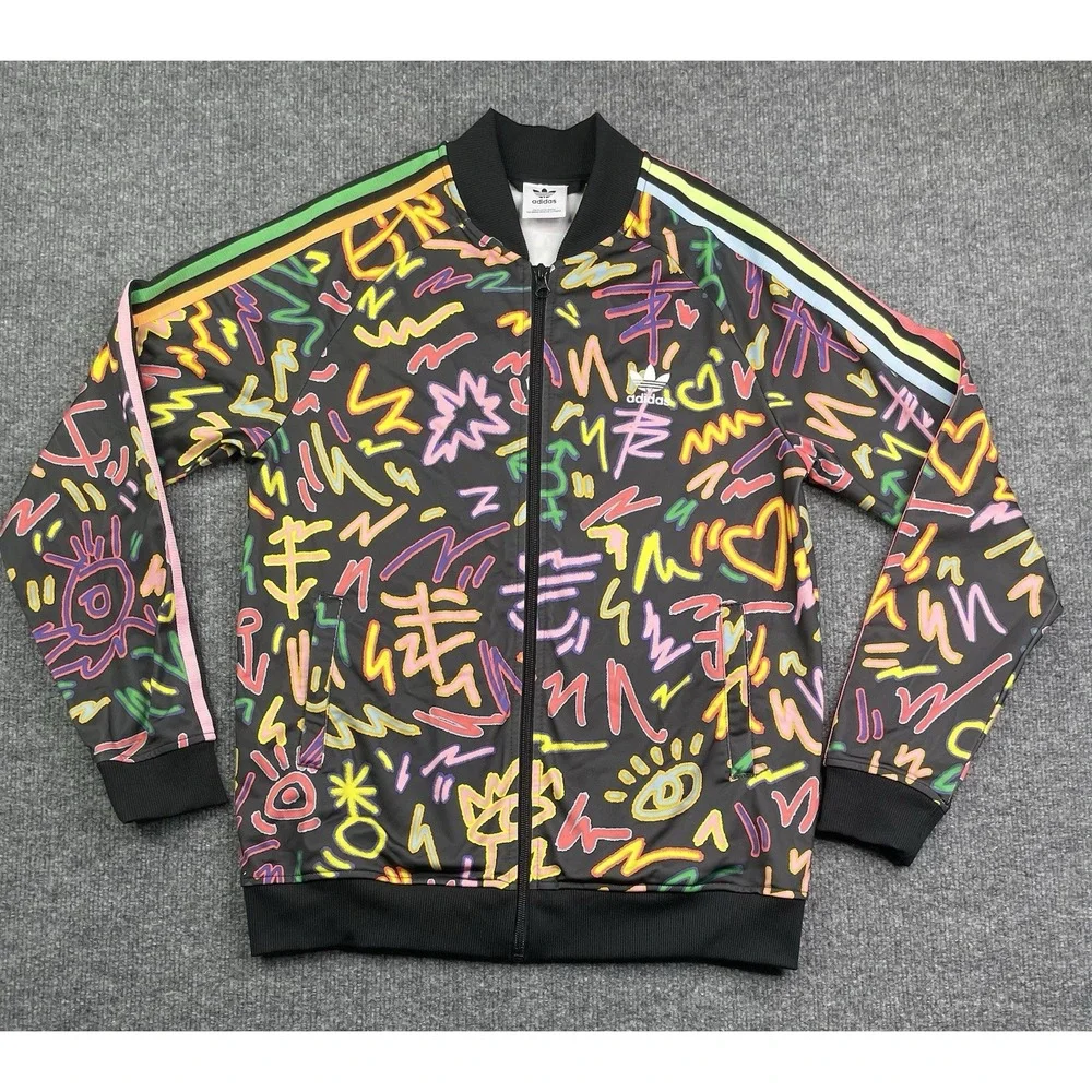 Adidas Track Jacket Youth Large Black Graffiti Print Neon‎ Full Zip